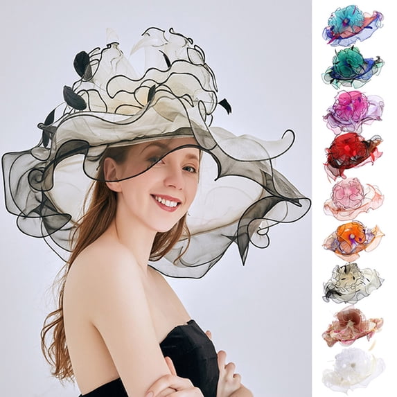 Women's Organza Sun Hat, Flower Embellished Mesh Fascinator Hat, Fashionable UV Protection Dress Hat for Church, Tea Party, and Weddings-Blue