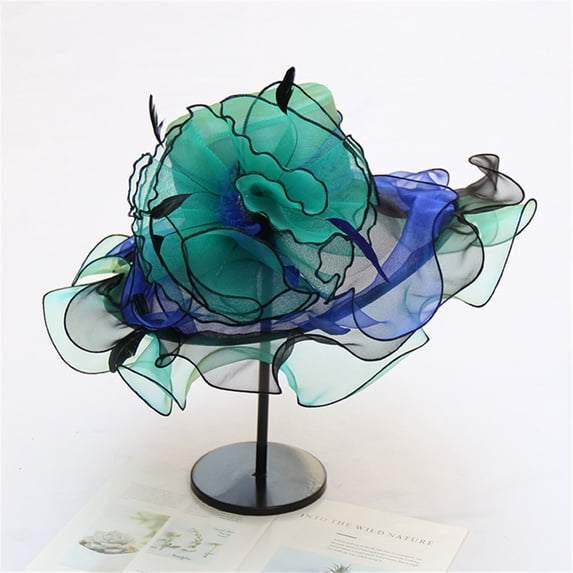 Women's Organza Sun Hat, Flower Embellished Mesh Fascinator Hat, Fashionable UV Protection Dress Hat for Church, Tea Party, and Weddings-Green