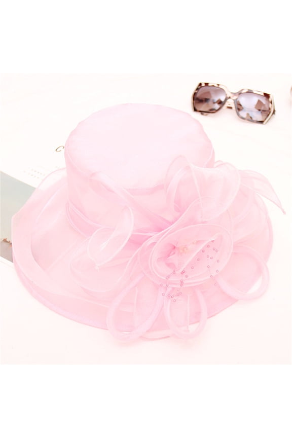 Women's Organza Sun Hat with Flower, Wide Brim Fascinator Hat with Pearl, Wedding Guest Hat, Tea Party Hat, UV Protection Floppy Hat for Garden Party and Beach-Pink