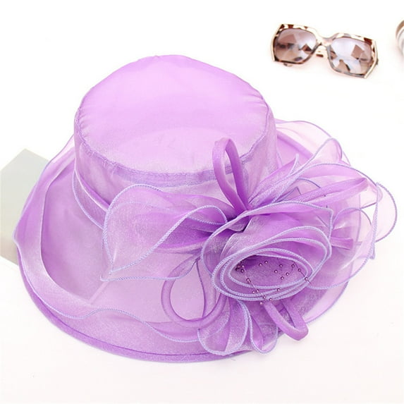 Women's Organza Sun Hat with Flower, Wide Brim Fascinator Hat with Pearl, Wedding Guest Hat, Tea Party Hat, UV Protection Floppy Hat for Garden Party and Beach-Purple