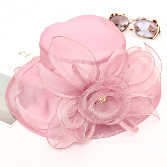 Women's Organza Sun Hat with Flower, Wide Brim Fascinator Hat with Pearl, Wedding Guest Hat, Tea Party Hat, UV Protection Floppy Hat for Garden Party and Beach-Rose Gold