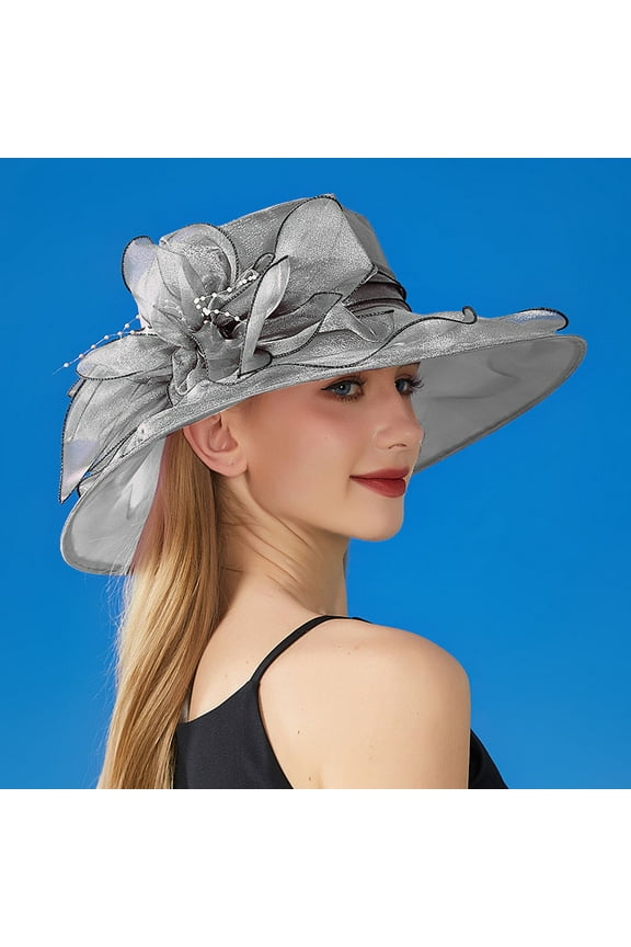 Women's Organza Sun Hat with Large Flower Decor, Wide Brim Elegant Wedding Guest Hat, Packable Foldable Beach Hat for Garden Party, Vacation and Outdoor Summer Activities-Gray