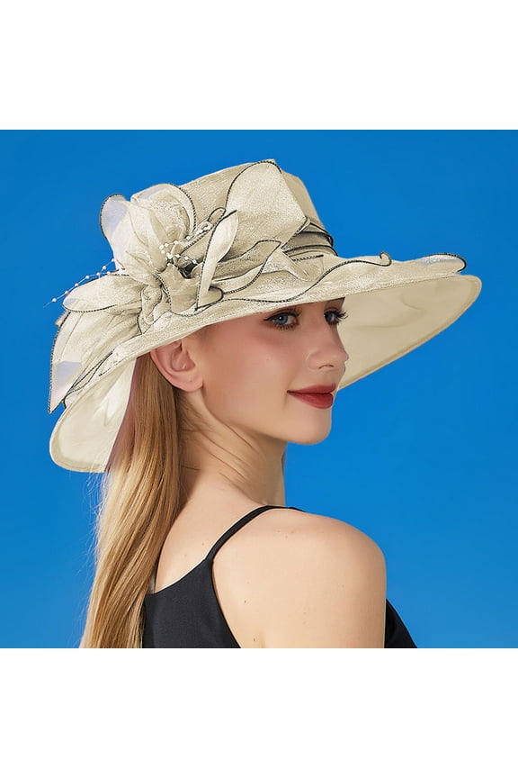 Women's Organza Sun Hat with Large Flower Decor, Wide Brim Elegant Wedding Guest Hat, Packable Foldable Beach Hat for Garden Party, Vacation and Outdoor Summer Activities-Beige