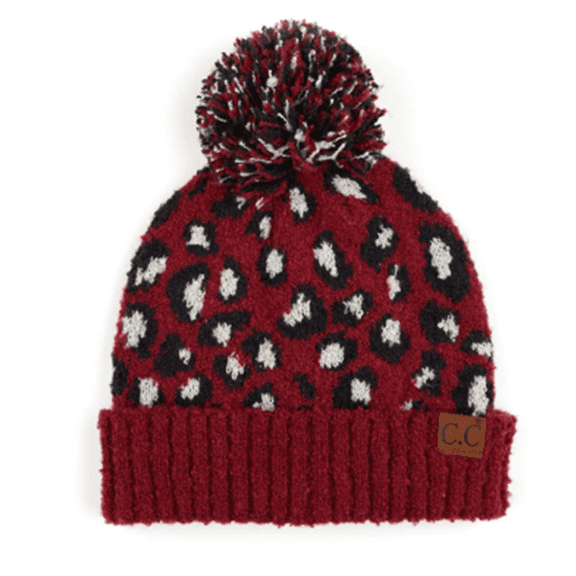 Women's Original CC Multicolored Pom Pom Beanie Animal Print Wine Black White Winter Hat
