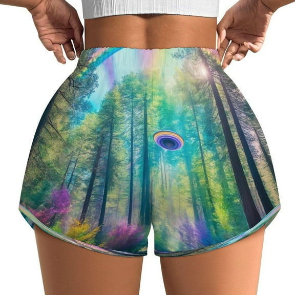 Women's Originals Shorts, Jersey Sports Shorts, Gym Shorts For Women, Forest Scene Rainbow, S, Plus Size Available