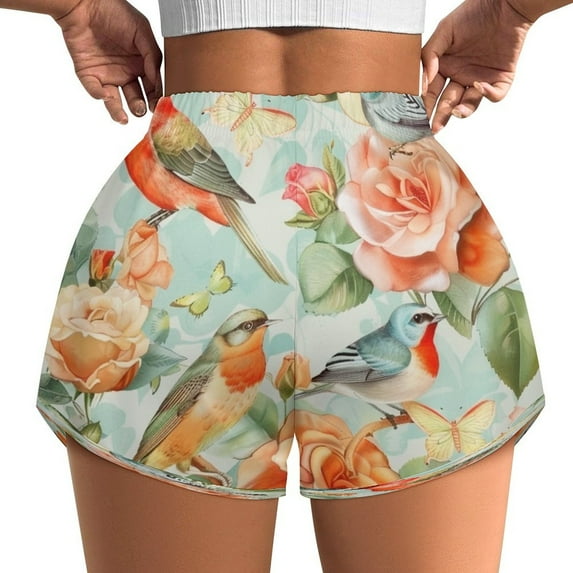 Women's Originals Shorts, Jersey Sports Shorts, Gym Shorts For Women, Vintage Floral Birds, 2XL, Plus Size Available