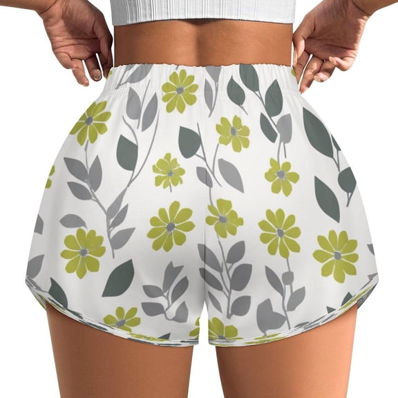 Women's Originals Shorts, Jersey Sports Shorts, Gym Shorts For Women, Yellow Flowers Gray Leaves, L, Plus Size Available