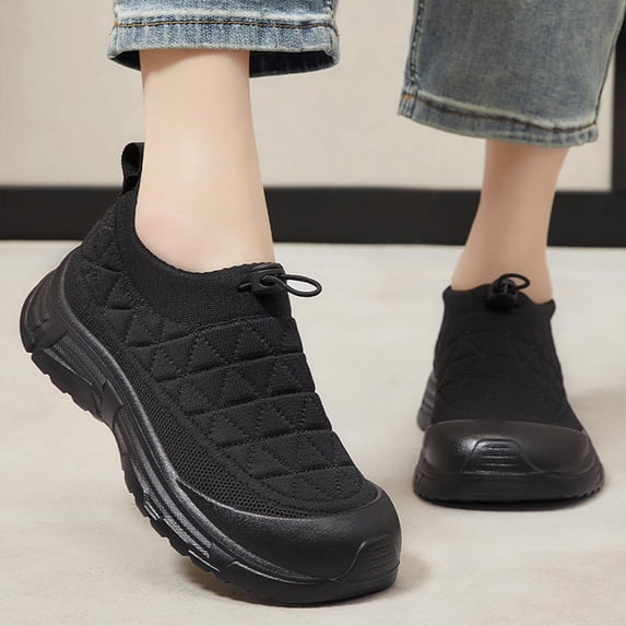 Women's Orthopedic Arch Support Wide Width Walking Shoes,Protective Toe Cap Non-Slip Thick Sole Breathable Knit Drawstring Slip On Casual Sneakers