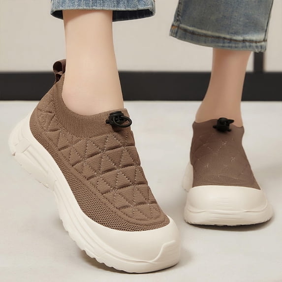 Women's Orthopedic Arch Support Wide Width Walking Shoes,Protective Toe Cap Non-Slip Thick Sole Breathable Knit Drawstring Slip On Casual Sneakers