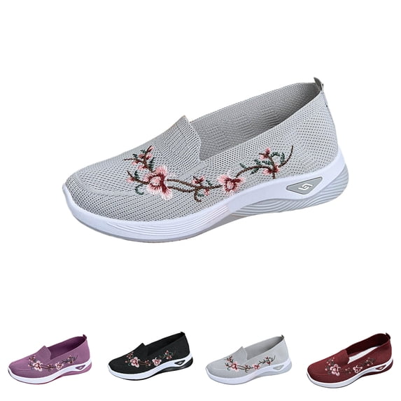 Women's Orthopedic Breathable Soft Shoes Flower Embroidered Slip On Walking Sneakers Arch Support Shoes, 37