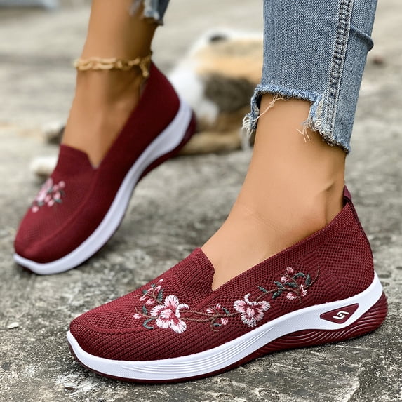 Women's Orthopedic Breathable Soft Shoes Flower Embroidered Slip On Walking Sneakers Arch Support Shoes