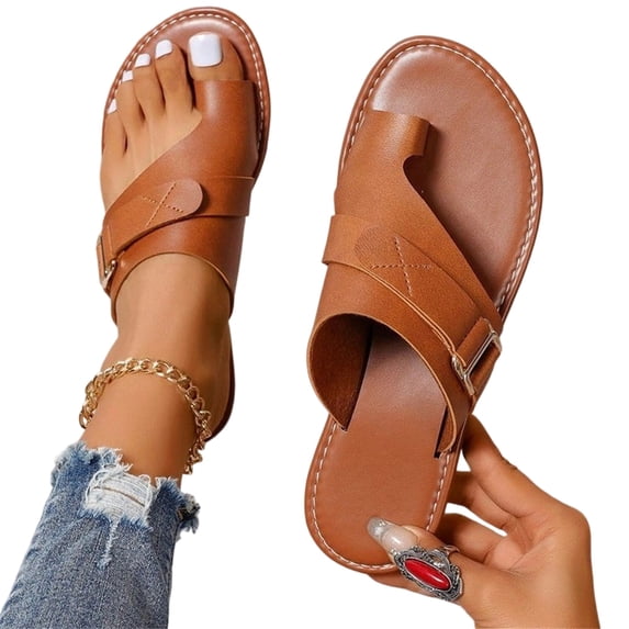 Women's Orthopedic Bunion Correction Leather Sandals Flip Flops Toe Ring Slip On Slide Flat Dressy Loop Strap on Slippers Ankle Breathable Arch Support Wide Width Wedge Comfort Casual Slides, 43