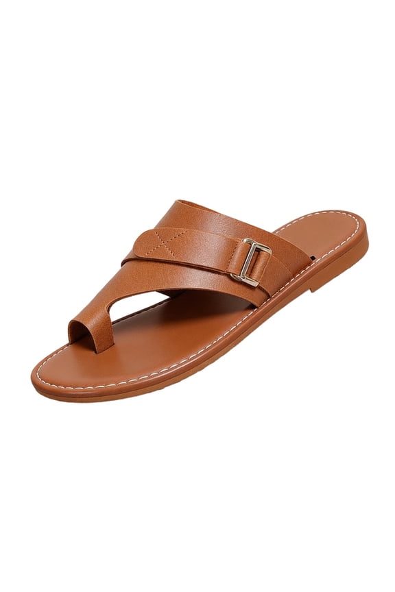 Women's Orthopedic Bunion Correction Leather Sandals Flip Flops Toe Ring Slip On Slide Flat Dressy Loop Strap on Slippers Ankle Breathable Arch Support Wide Width Wedge Comfort Casual Slides,37