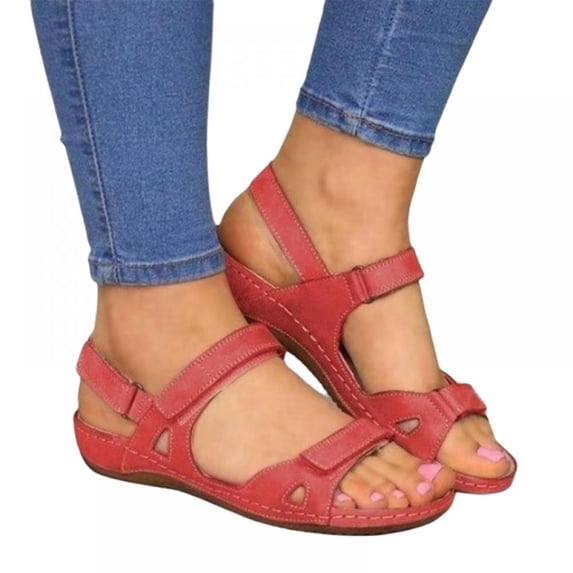 Women's Orthopedic Open Toe Leather Sandals, Premium Comfy Hook and Loop Closure Sport Sandal, Casual Flat Arch Support Wedge Shoes for Summer Outdoor Hiking Walking Beach