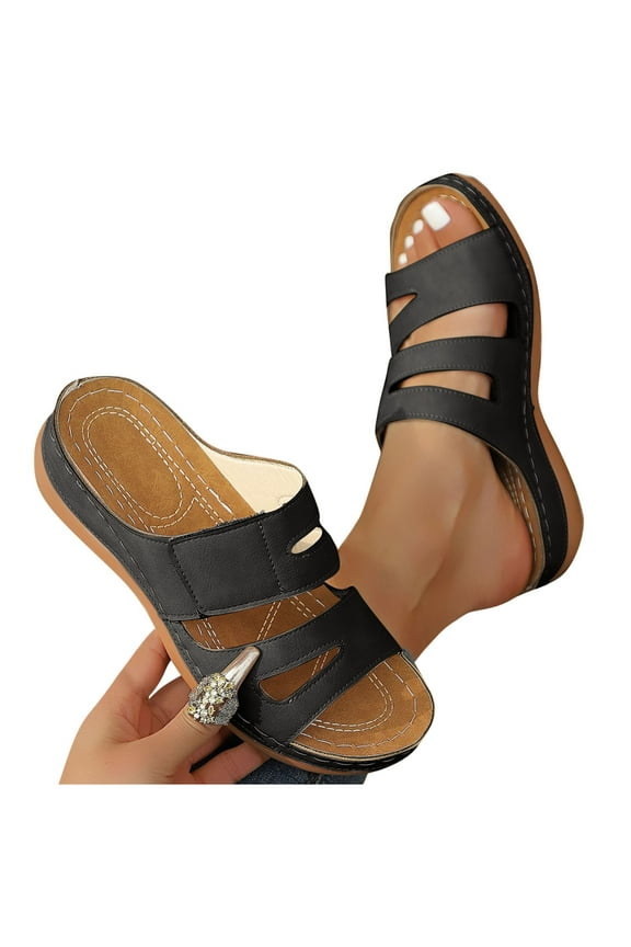 Women's Orthopedic Platform Sandals Comfortable Slip-On Open Toe Wedge Slides for Summer Walking, Casual Arch Support Shoes with Cushioned Sole