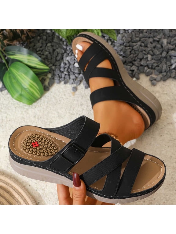 Women's Orthopedic Platform Sandals Comfortable Slip-On Open Toe Wedge Slides for Summer Walking, Casual Arch Support Shoes with Cushioned Sole