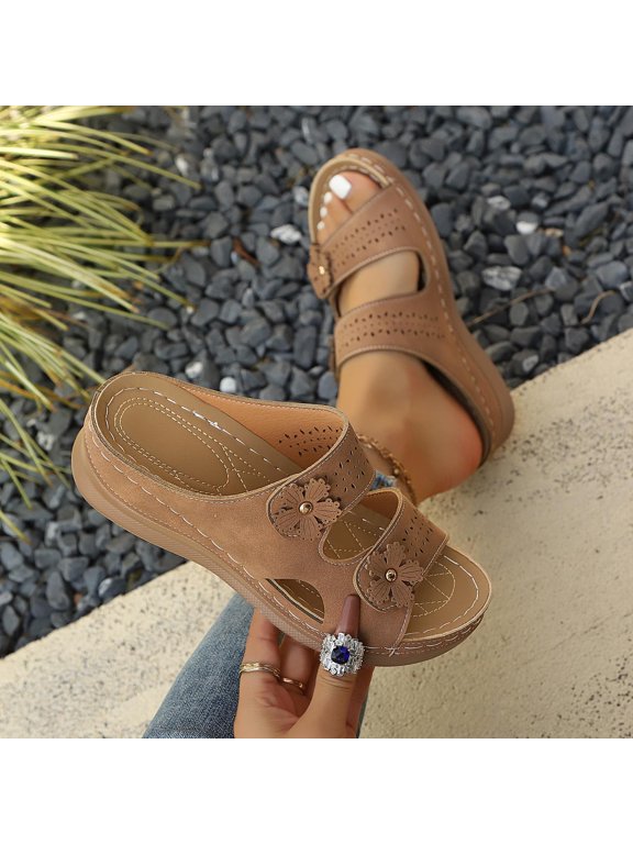 Women's Orthopedic Platform Sandals Comfortable Slip-On Open Toe Wedge Slides for Summer Walking, Casual Arch Support Shoes with Cushioned Sole