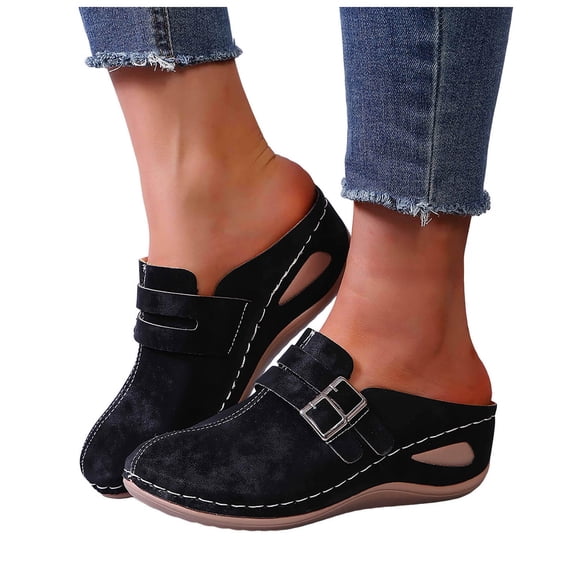 Women's Orthopedic Sandals Closed Toe Suede Summer Low Wedge Slides Trendy Stitching Buckle Straps Platform Slippers Black Size 9