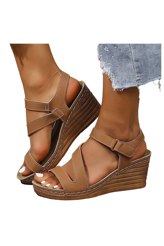 Women's Orthopedic Sandals High Heeled Platform Wedges Open Toe Crooss Strap Hook and Loop Casual Slingback Beach Vacation Dress Shoes Brown Size 7.5