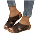 thumbnail image 1 of Women's Orthopedic Sandals Open Toe Splice Leather Platform Slides Summer Casual Cushioned Slip on Walking Shoes Soft Sole Slippers Coffee Size 9, 1 of 9