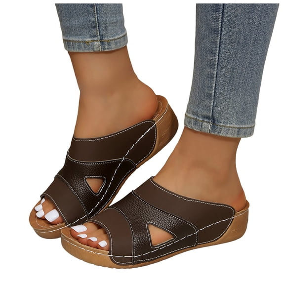Women's Orthopedic Sandals Open Toe Splice Leather Platform Slides Summer Casual Cushioned Slip on Walking Shoes Soft Sole Slippers Coffee Size 9