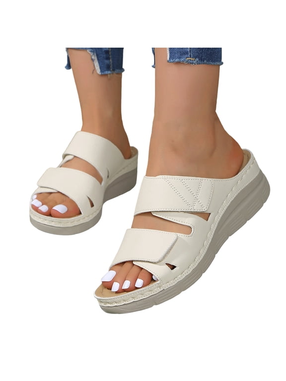 Women's Orthopedic Slide Sandals, Adjustable Strap Arch Support Wide Width Non Slip Wedge Walking Sandals for All Day Standing