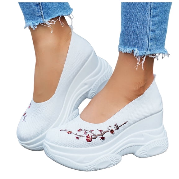 Women's Orthopedic Slip on Mules Platform Wedge Sneakers Backless Knit Comfortable with Arch Support Walking Shoes for Travel White Size 9
