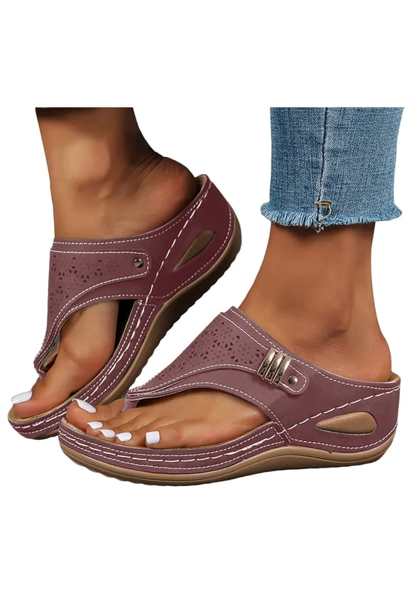 Women's Orthopedic Wedge Sandals Casual Platform Slip On Open Toe Sandals Arch Support Flip Flops Dress Shoes Red Size 7.5