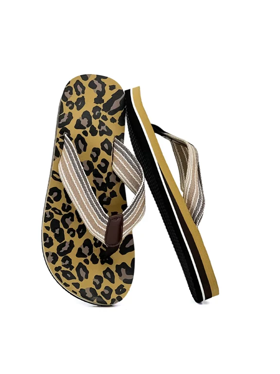 Women's Orthotic Flip Flops Arch Support Fabric Straps Yoga Flat Cushioned Thong Sandals Ladies Summer Beach & Pool Shower Slides Leopard-Print