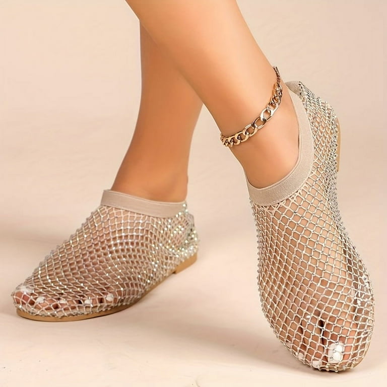 Women's Out Flat Sandals, Rhinestone Mesh Slip On Summer Shoes - Main Image