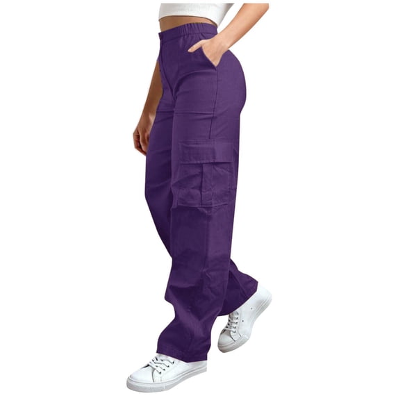 Women's Outdoor Hiking Solid Color Cargo Pants Elastic Waist Button Zipper Pockets Full Length Casual Camping Wear Purple M
