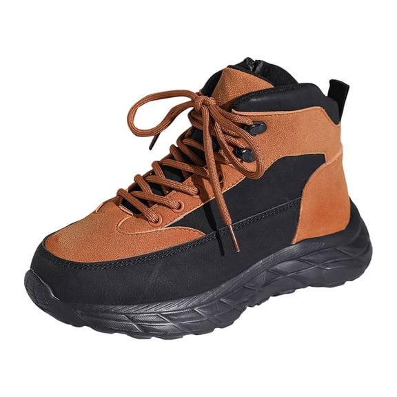 Women's Outdoor Non Slip Hiking Boots Platform Lace Up Casual Shoes Patchwork Color Winter Warm Ankle Boots Black Size 7.5