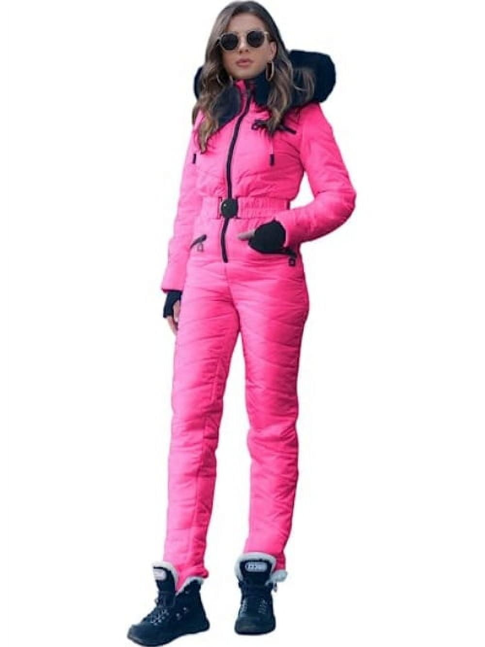 Women'S Insulated Ski Suit, One-Piece Winter Snow Jumpsuit With Hood, Waterproof And Windproof Ski Overalls, Thermal Padded Snow Suit, Women'S Winter Sportswear With Fur-Lined Hood, Adjustable Belt