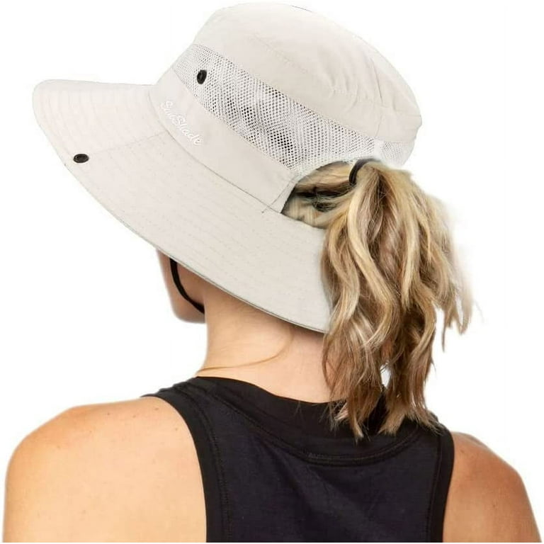 Women's Outdoor UV-Protection-Foldable Sun-Hats Mesh Wide Beach Fishing Hat  with Ponytail-Hole 