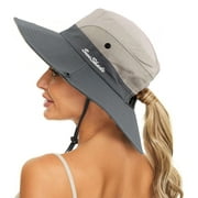 Womens Outdoor UV-Protection-Foldable Sun-Hats Mesh Wide-Brim Beach Fishing Hat with Ponytail-Hole