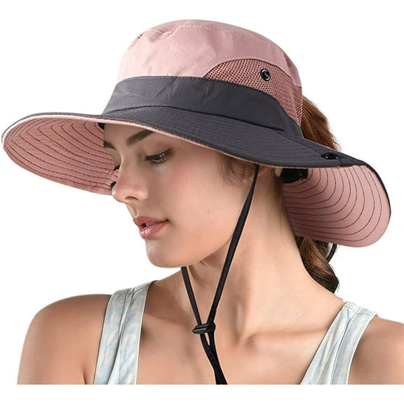 Women's Outdoor UV Protection Foldable Sun Hats Mesh Widebrim Beach Fishing Hat with Ponytail Hole