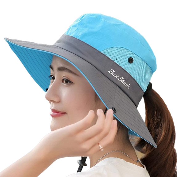 Women's Outdoor UV Protection Foldable Sun Hats Mesh Widebrim Beach Fishing Hat with Ponytail Hole