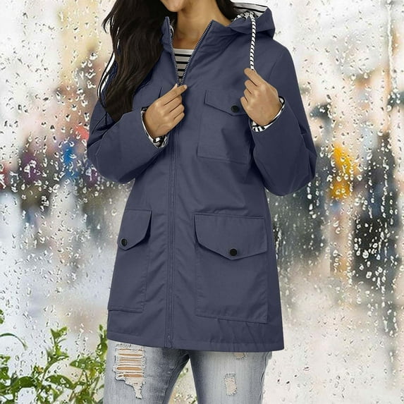 Women's Outdoor Waterproof Jacket with Hooded Design and Functional Pockets in Lightweight Windproof Fabric for Hiking Camping Travel