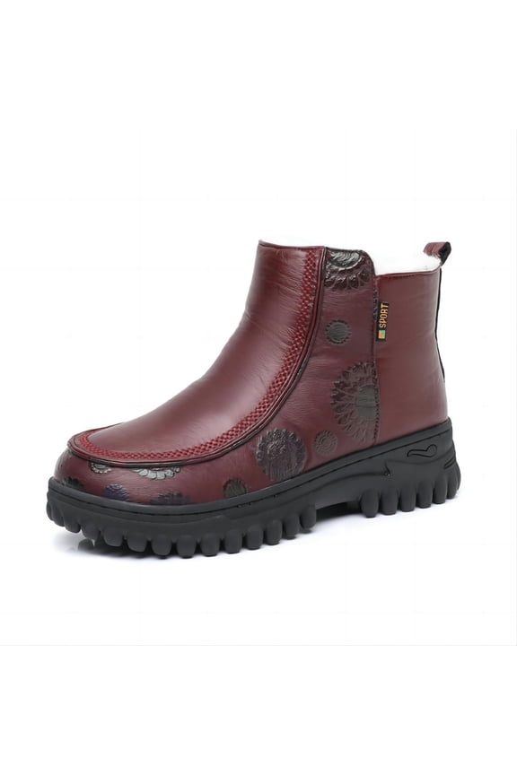 Women's Outdoor Winter Boots Warm Anti-slip Waterproof Genuine Leather Fleece-lined Thickened Casual Skiing Snow Shoes Red 6 US