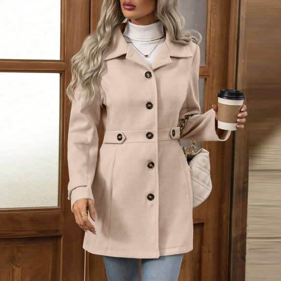 Women's Outerwear with Pockets Plus Size Button Long Sleeve Solid Color Lightweight Vintage Warm Coat Classic Casual Loose Elegant Womenswear for Spring Fall Winter