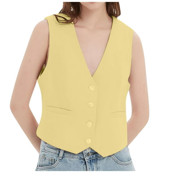 Women's Outerwear Vests Women's Cropped Suit Vest Dressy V Neck Button Down Jacket Yellow S