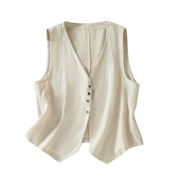 Women's Outerwear Vests Womens Cotton Linen Vest Casual Loose V Neck Sleeveless Vests Jacke Beige XL