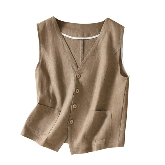 Women's Outerwear Vests Womens Cotton Linen Vest Casual Loose V Neck Sleeveless Vests Jacke Khaki L