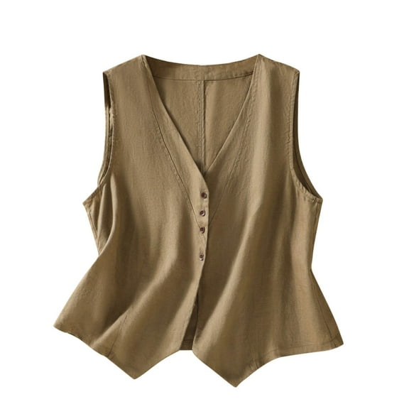 Women's Outerwear Vests Womens Cotton Linen Vest Casual Loose V Neck Sleeveless Vests Jacke Khaki L