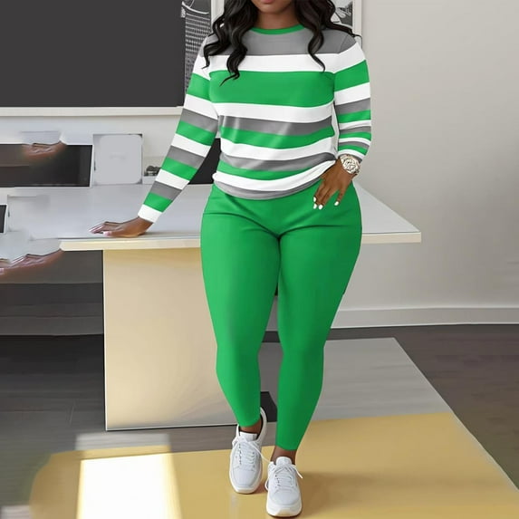 Women's Outfit Sets Forest Green Fall Casual Solid Color Three-Quarters Sleeveless Round-Neck Top Pants Sets