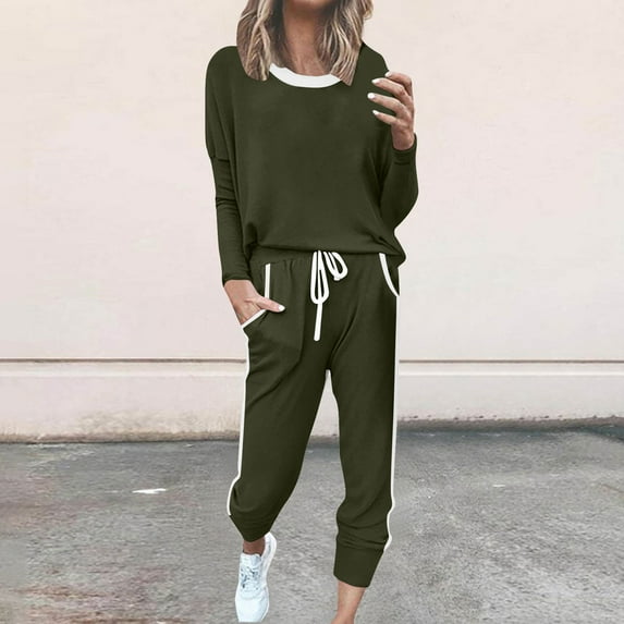 Women's Plus Size 2-Piece Athletic Matching Set Solid Color Crewneck Sweatshirt and Joggers Outfit Casual Set