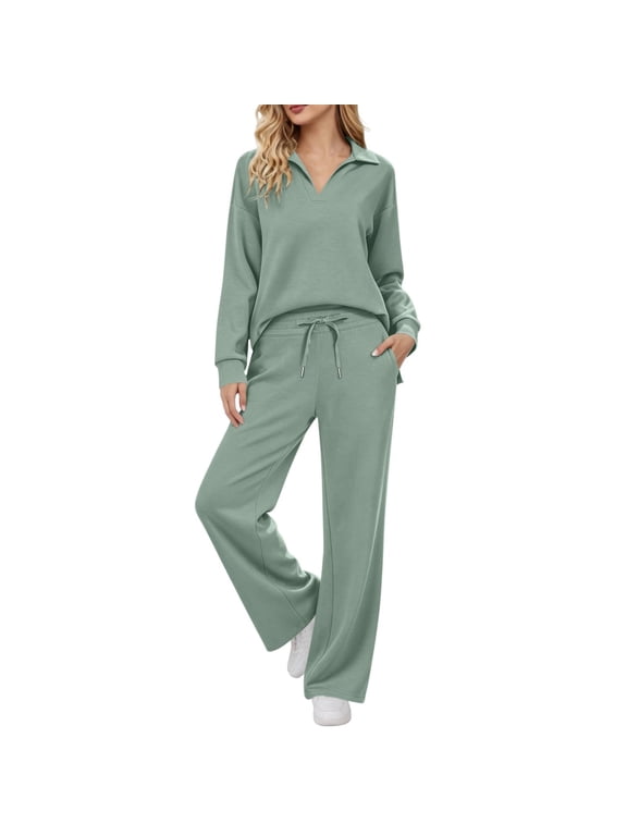 Women's Outfits Lounge Sets Two Piece Casual Long Sleeve Vacation V Neck Dressy Collared Tracksuit Green L(L)