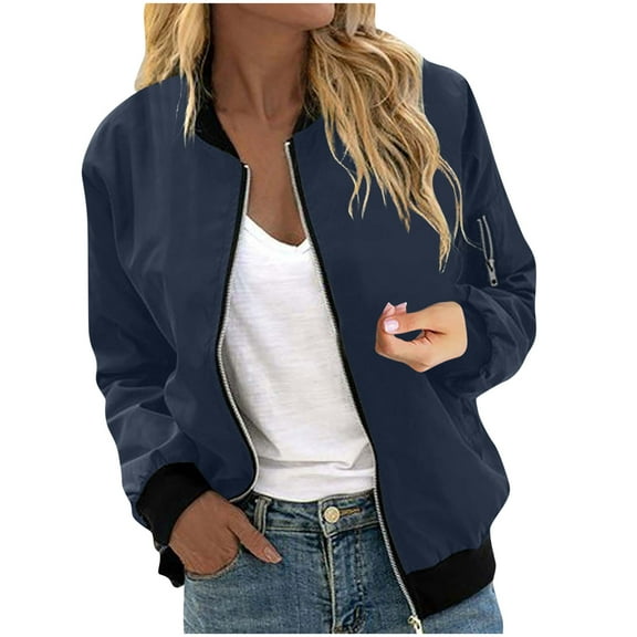 Women's Outwear Jacket Casual Coat Zip up Windbreaker with Pockets Long Sleeve Stand Collar Fall Jackets Fleece Lined Coat Lady Navy S