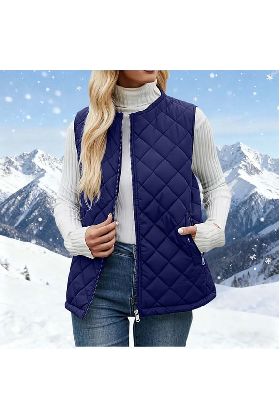 Women's Outwear Vests, Lightweight Zip up Cotton Padded Gilet, Sleeveless Quilted Jackets with Pockets Blue 3XL