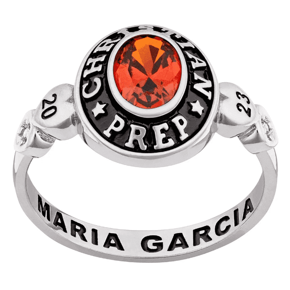 Women's Oval Birthstone with CZ Hearts Class Ring Sterling Silver, Personalized, High School or College